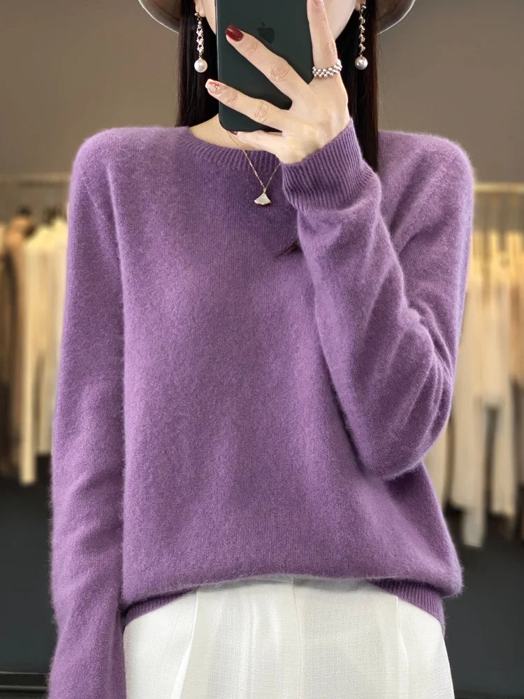 100% Merino Wool Sweater Women  Cashmere Pullover Knitwear Autumn Winter O-neck Solid Color Fashion Basic Female Clothes Tops - reetell