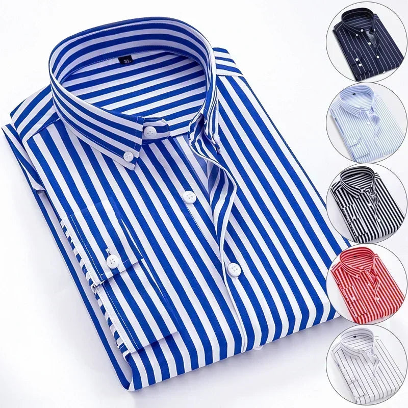 Men Striped Shirts Slim Fit Long Sleeves 2024 Spring summer thin Camisas De Hombre Korean Solid Casual Dress Shirts Men clothing - reetell