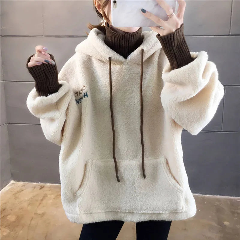 Faux Lamb Sweatshirt Women Loose Fake Two Piece Fashion Hoodies Fluffy Big Pocket Letter Long Sleeve Winter Female Tops - reetell