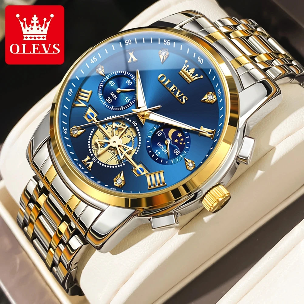 OLEVS Men's Watches Classic Multifunctional Fltwheel Chronograph Original Quartz Wristwatch Moon Phase 24 Hour Waterproof reloj