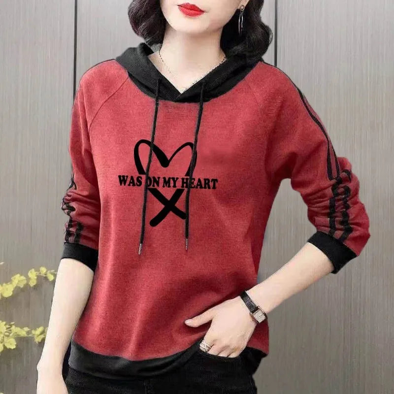 Spring and Autumn Women's Pullover Long Sleeve Hooded Print Stripe Letter Panel Drawstring Graphic Loose Fashion Casual Sweaters - reetell