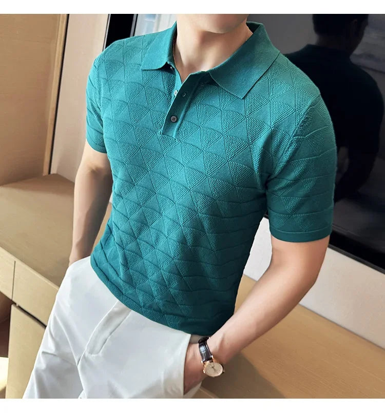 High-quality Men's Jacquard Polo Shirt, Business Casual Men's Solid Color Short-sleeved Top,  Geometric Pattern Men's T-shirt.