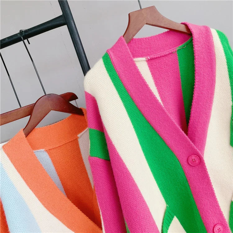 Joskaa Striped Patchwork Knitted Cardigan Women V-Neck Long Sleeve Single Breasted Sweater Coat Autumn 2023 Outwear Streetwear - reetell