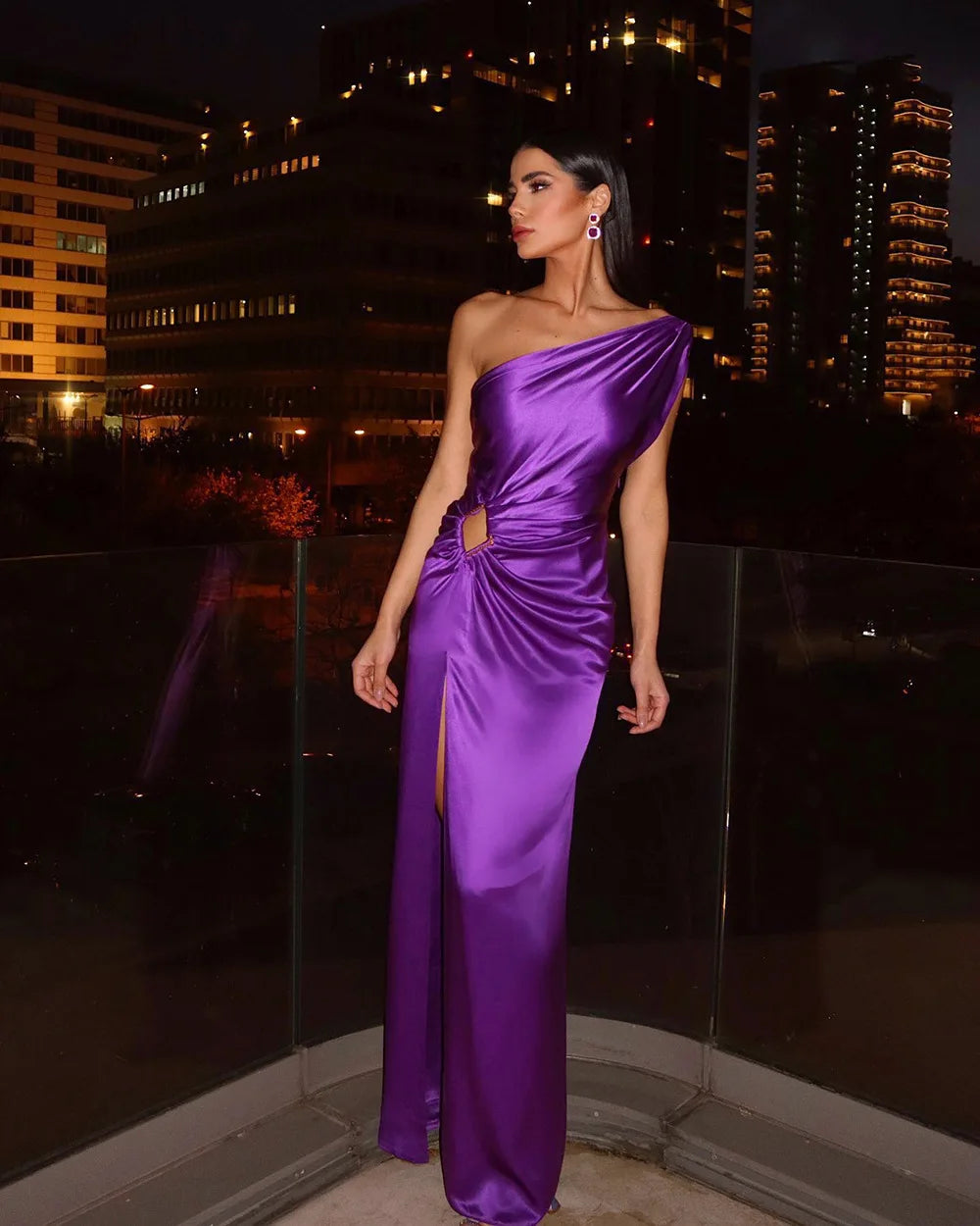 New Ladies Purple One Shoulder Sexy Skinny Draped Sleeveless Sequin Cutout High Slit Long Celebrity Party Dress - reetell