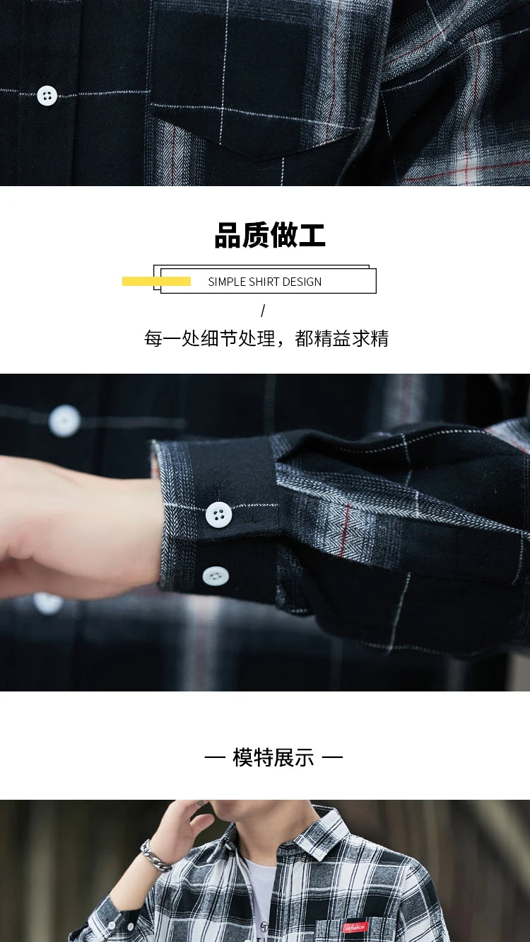 Autumn New Casual Men's Flannel Plaid Shirt Brand Male Business Office Red Black Checkered Long Sleeve Shirts Clothes