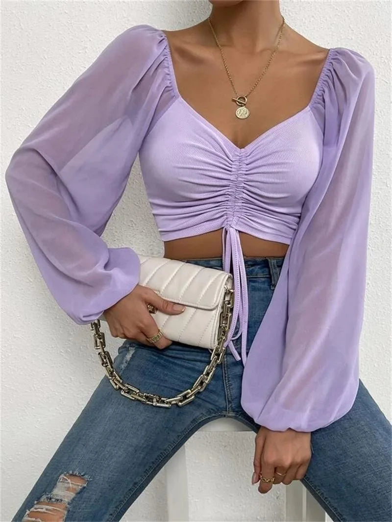 2023 Woman’s Tops Puff Sleeve Sexy Close-Fitting Summer and Spring Lace up V-neck Fashion Solid Color Simple Long Sleeve Hot - reetell