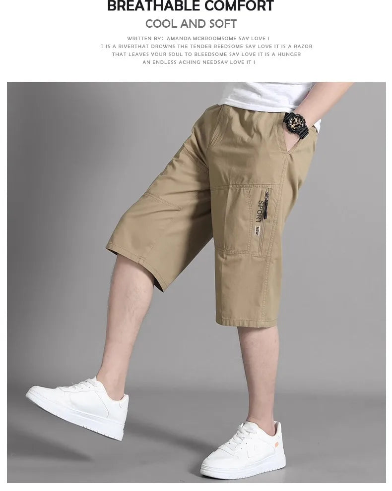 Mens Cargo Shorts Knee Pants Zipper Pocket Summer Cotton Shorts Climbing Jogger Elastic Waist Sports Wear