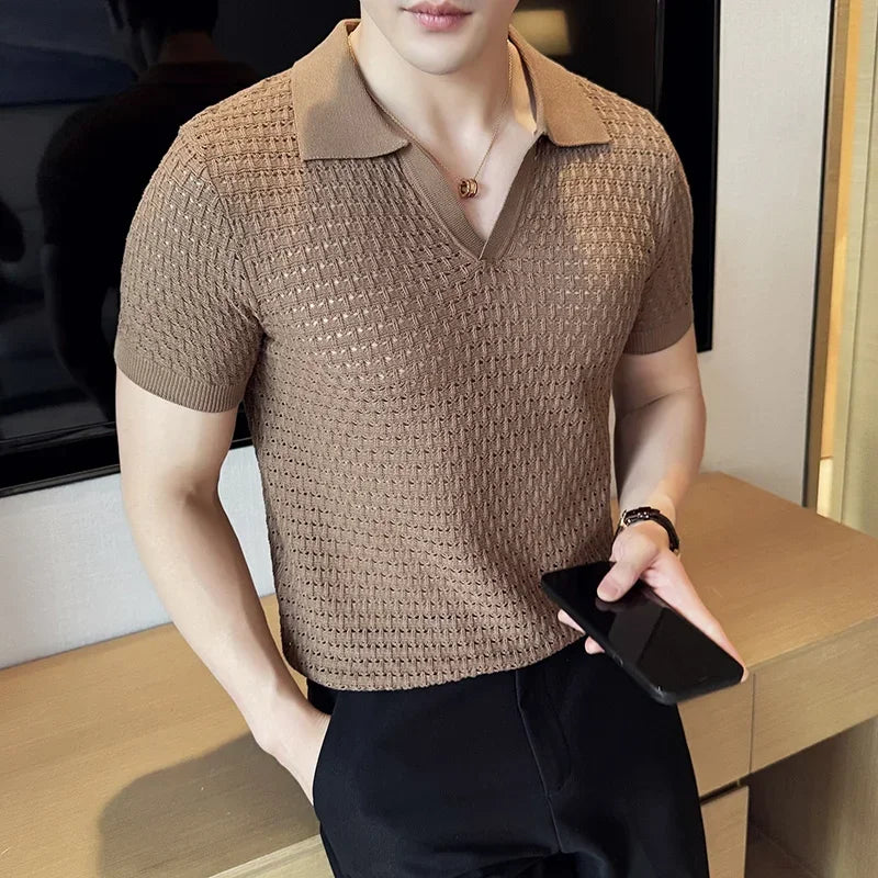 Men's Polo Shirt 2024 Summer New Light and Thin Knitted Hollow Solid Color Casual Short Sleeved V-neck T-shirt Men's Clothing