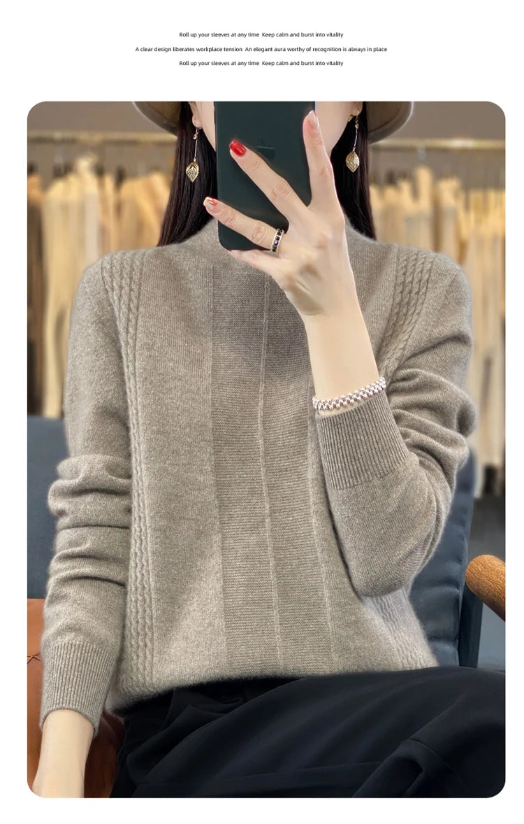 2024 Autumn Winter Women 100% Merino Wool Sweater Striped O-Neck Pullover Knitwear Casual Undershirt Cashmere Clothing Tops - reetell