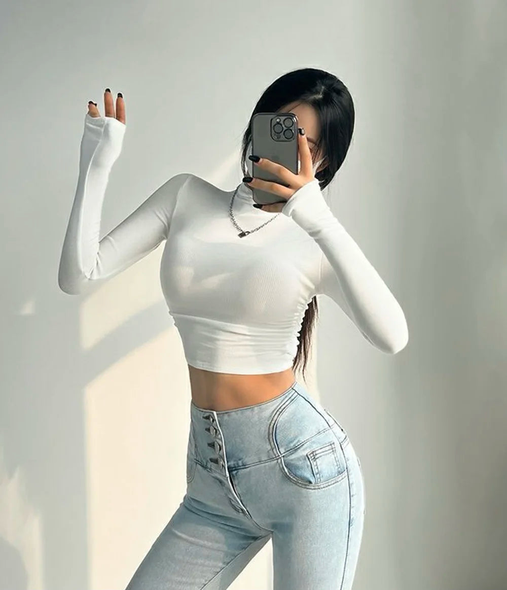 Womens Long Sleeve Turtleneck T Shirts Ribbed Tight Knit Sexy Slim Fitted Casual Women's Basic Crop Tops Cropped T-Shirt - reetell