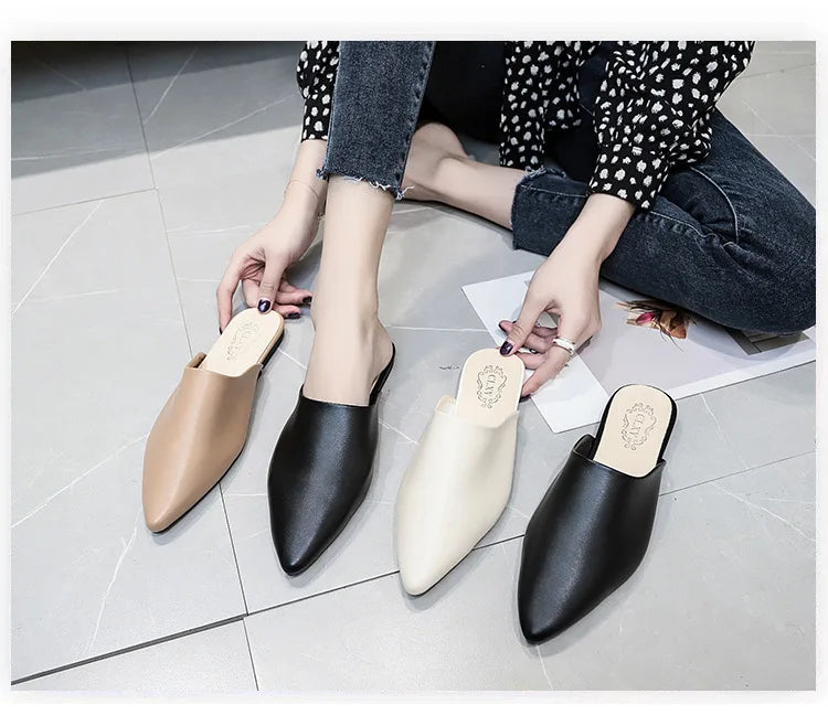 Women Spring Summer Slippers Mules Soft Leather Pointed Toe Slip On Sandalias Soild Mature Fashion Casual Low-heeled Shoes Mujer