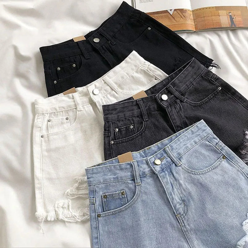 Lucyever Summer Denim Shorts Women Korean Fashion Ripped Holes High Waist Short Jeans Female Casual Street Wide Leg Short Pants - reetell