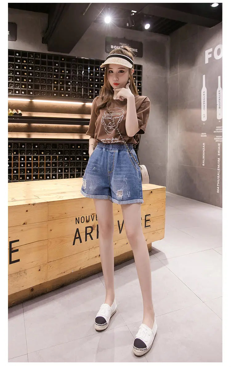 Large Size Broken Hole Cowboy Shorts Women Thin Section Wide Loose Tight High Waist Skinny A Word Wide Leg Fattening Hollowing - reetell