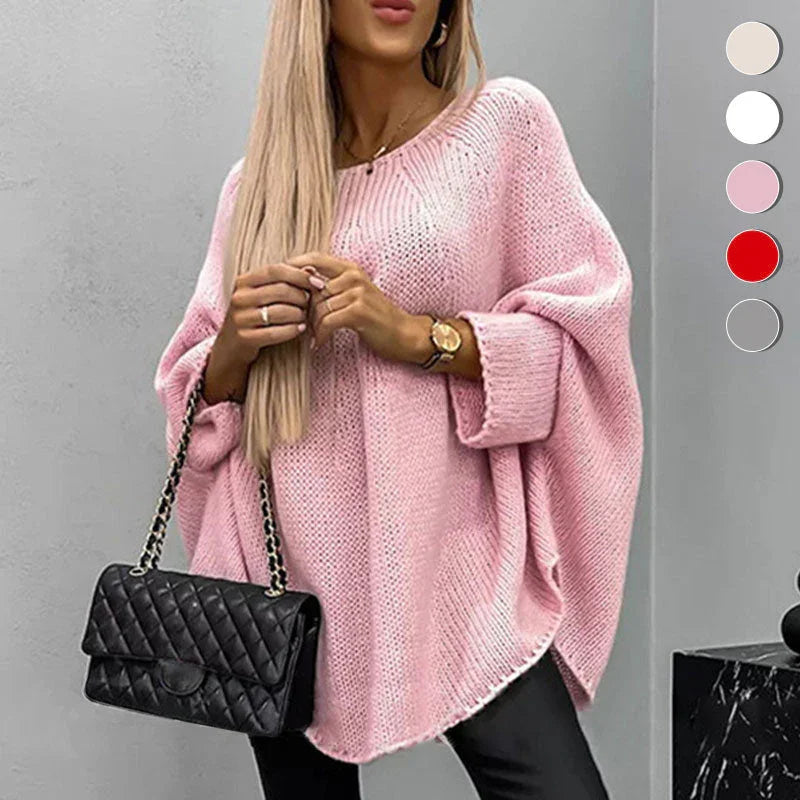 Women’s Sweater Tops Casual Knitted Long Sleeve Cape Sweater Solid Color Knitted Pullover Cape Round Neck Shawl Crochet Sweater - reetell