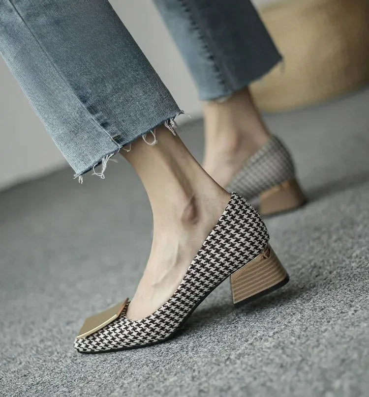 Comemore Trend 2023 Square Heels Women's Summer Footwear Office Black Medium Heel Casual Pumps Slip-on Luxury Shoes for Woman 34