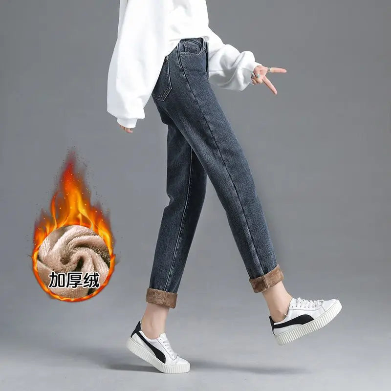 Winter Warm Fleece Jeans Women's High Waist Thick Harlan Straight Denim Pants Plus Size Loose Trousers Lady High Waisted Jeans - reetell