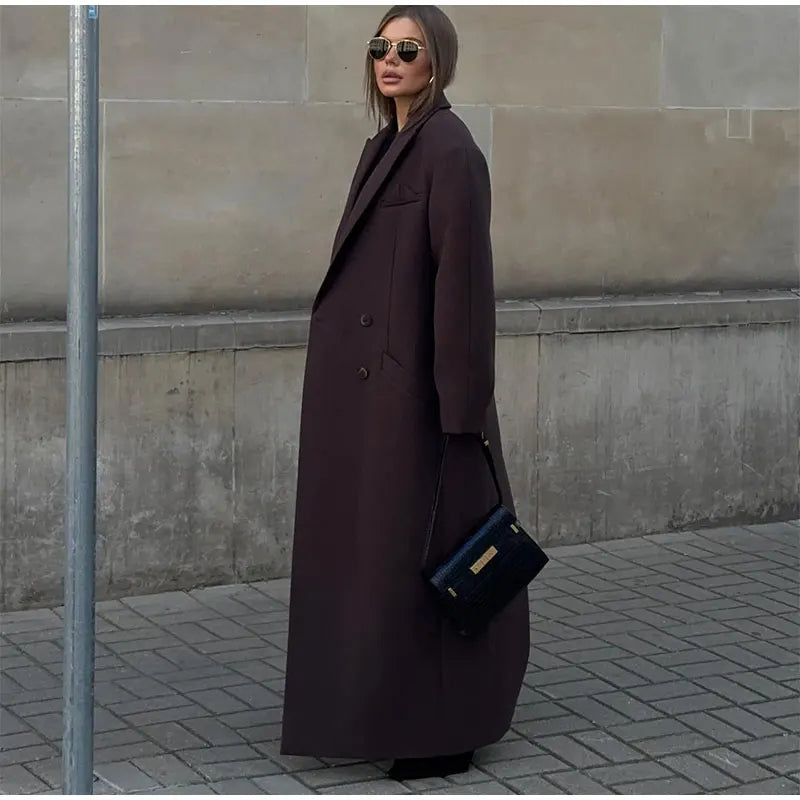 Casual Double-breasted Lapel Oversized Woolen Overcoat Women Chic Pockets Full Sleeve Coat 2024 New Autumn Lady Retro Streetwear - reetell