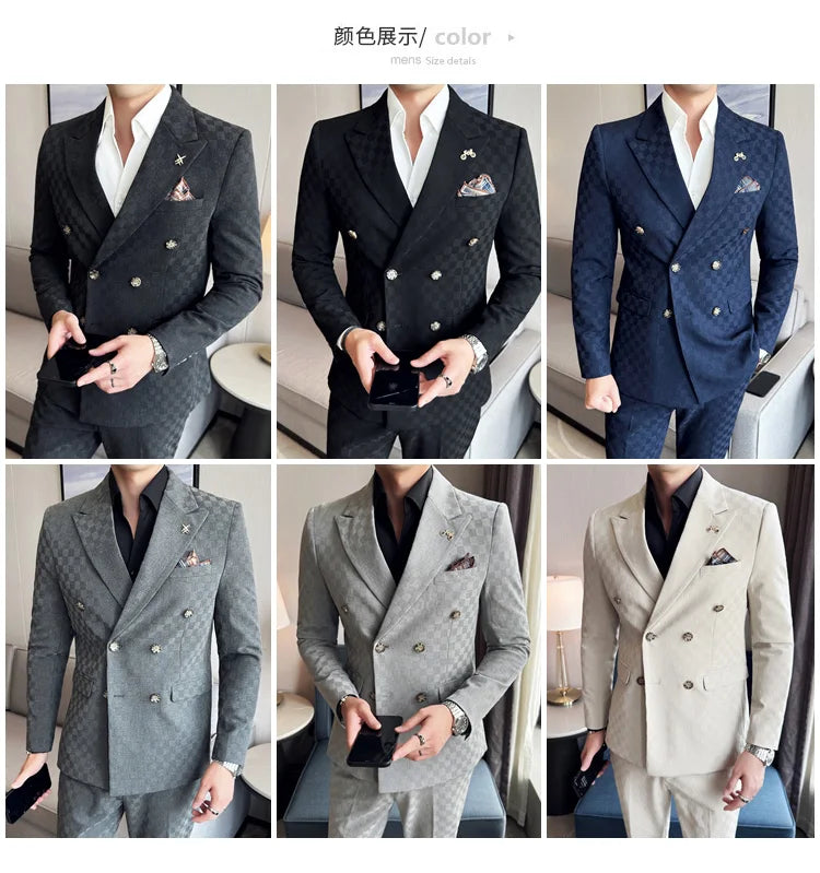 (Jacket+Pants) 2 Pieces Blue Apricot Business Party Men Suits Double Breasted Formal Style Custom Made Wedding Groom Tuxedos - reetell