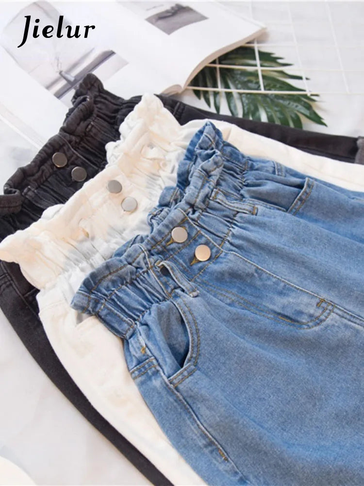 Jielur Summer Black Women Denim Shorts Women S-5XL Harem Ruffled White Blue High Waisted Shorts Female Elastic Short Jeans - reetell