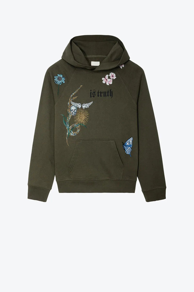 Army Green Hoodie Women's Sweatshirt Long Sleeve Letter Print Flowers Skull Wings Embroidery Pocket Fleece Pullover Sweatshirt - reetell