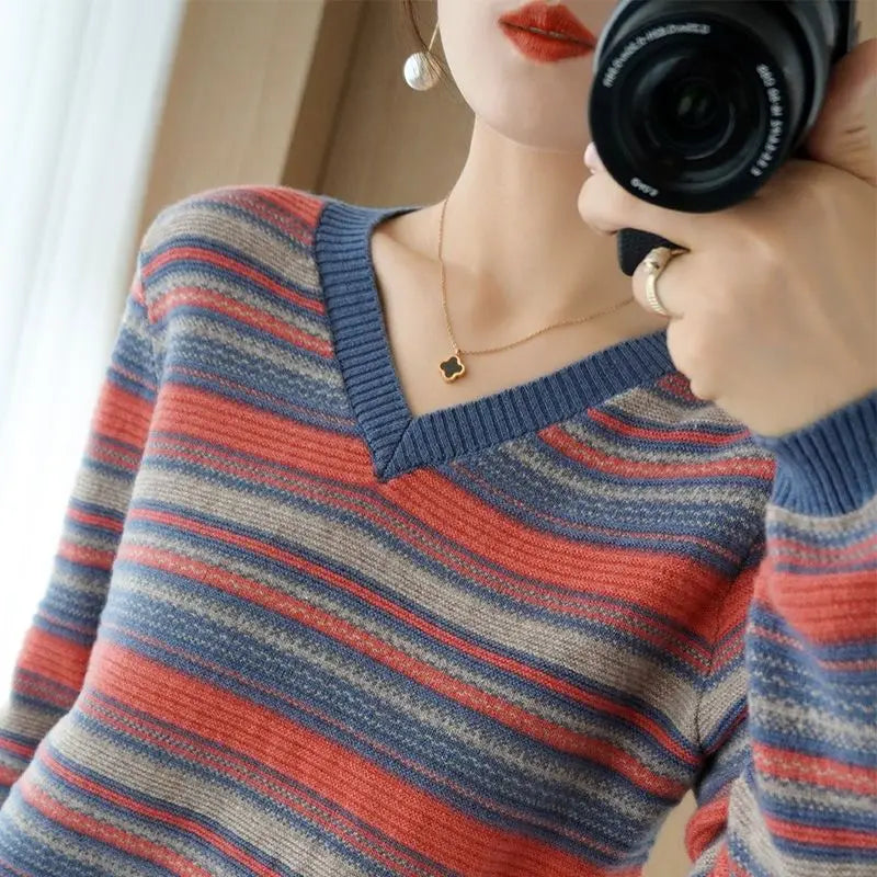 Autumn Winter Elegant Fashion Rainbow Knitting Tops Women All Match Casual Knitwear Long Sleeve Stripe Sweaters Thick Pullover - reetell