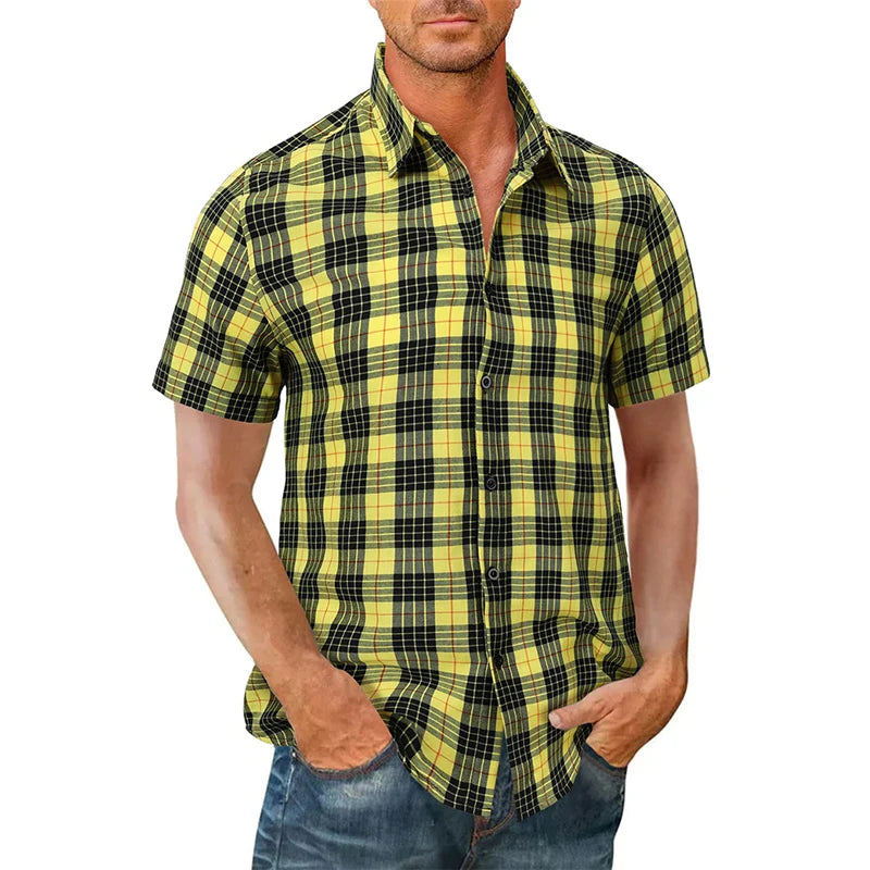 2023 New Men Casual Plaid Flannel Shirt Short Sleeved Chest With Pocket Design Fashion Printed-Button (USA SIZE S M L XL 2XL)