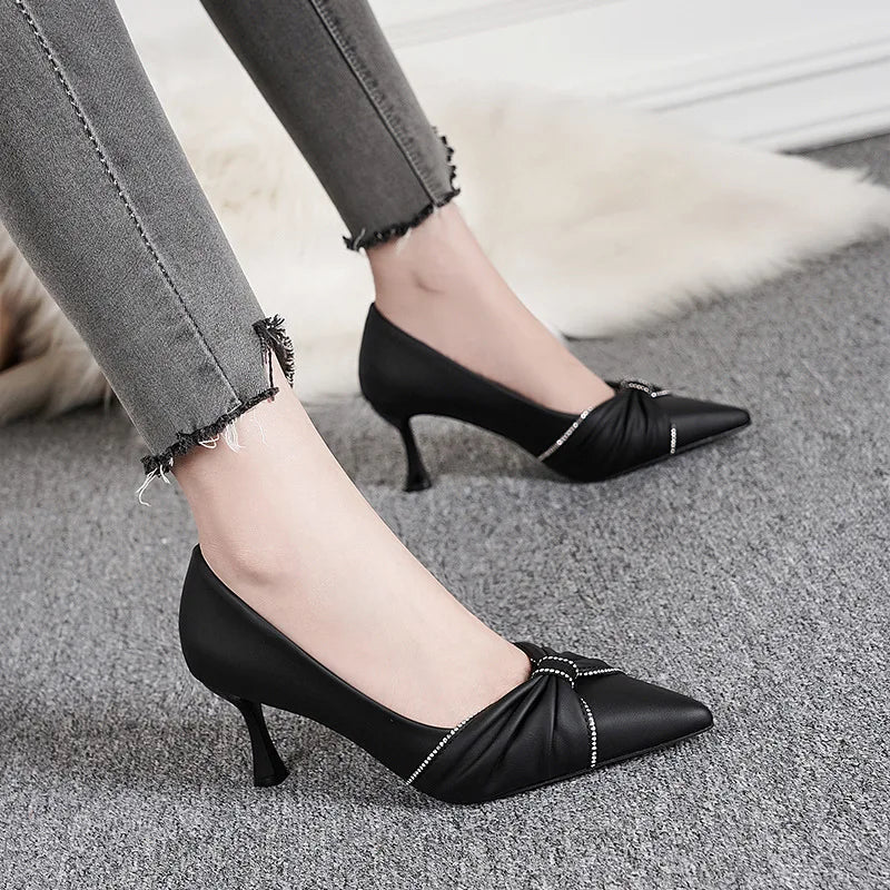 Black High-heeled Women's Slender Heel 2024 Autumn New Pointy Work Shoes Temperament Career Women's Shoes Not Tired Feet