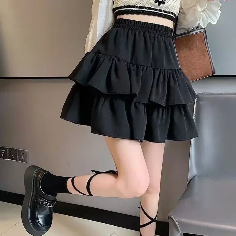 Sweet Cake A-line Skirt Black Women Cute Pleated Puffy Skirt Elastic Waist Preppy Style Solid Color Casual Korean Fashion Casual - reetell