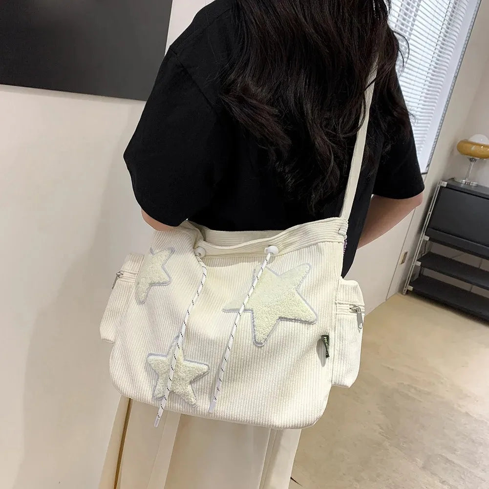 Women Star Pattern Corduroy Crossbody Bag Casual Tote Lady Simple Large Capacity Shoulder Bag Girl Travel School Bookbag Handbag