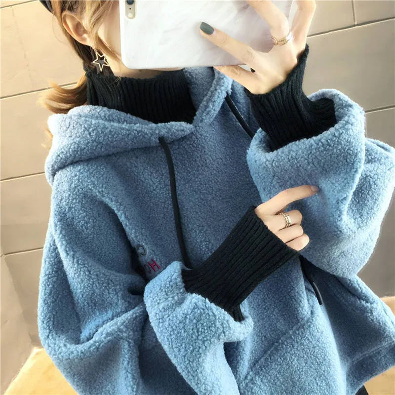 Faux Lamb Sweatshirt Women Loose Fake Two Piece Fashion Hoodies Fluffy Big Pocket Letter Long Sleeve Winter Female Tops - reetell