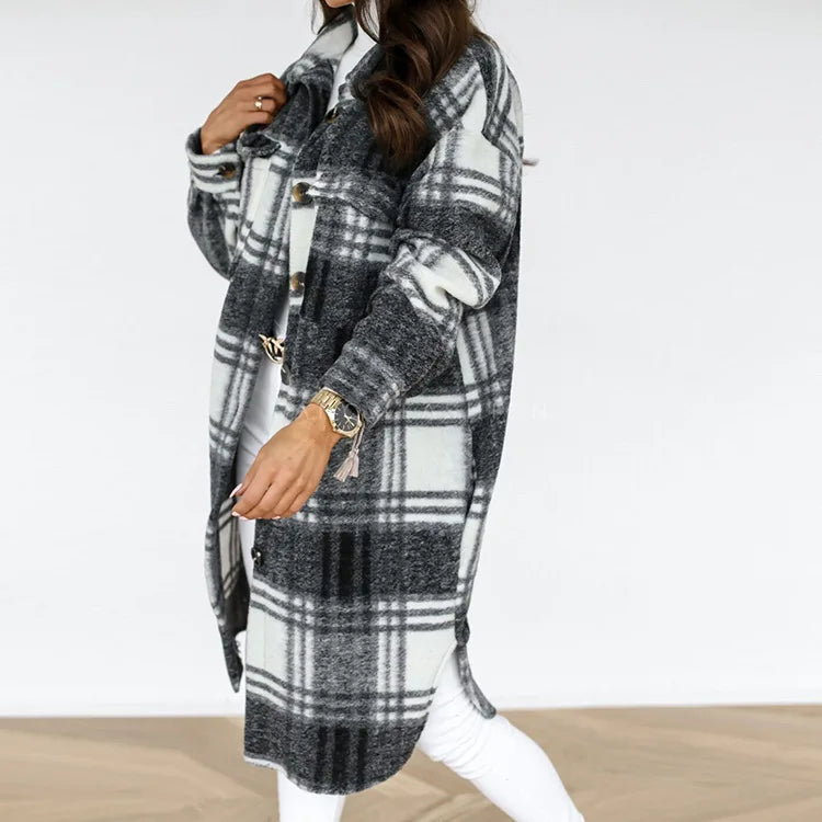 Single Breasted Trench Coat Fashion Long Autumn Winter Women's Clothing Long Sleeve Woolen Plaid Overcoat Coat - reetell