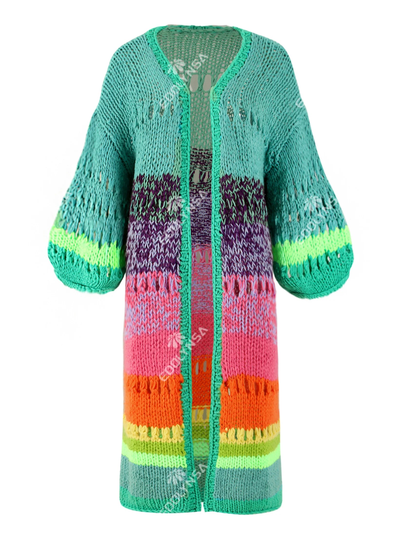 Boho Multicolor Crochet Cut Out Bell Sleeve Cardigan 2024 Autumn Winter Knitted Dress Women's Long Cardigan Sweater Jacket K12 - reetell