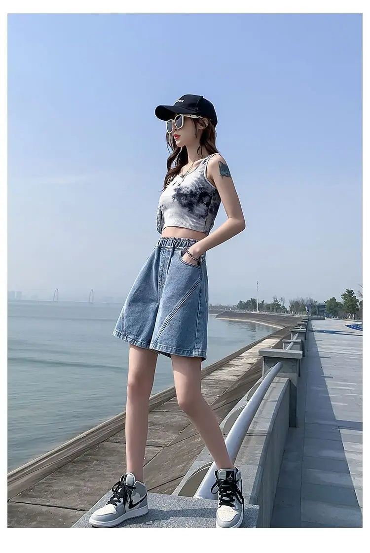 Big Size Denim Shorts Quarter Trousers A Wide Leg Loose High Waist Skinny Students Fattening Women Pocket Splicing Stripe - reetell