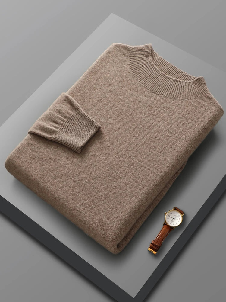 Spring Autumn 100% Merino Wool Pullover Sweater Cashmere Knitwear Men Mock-Neck Long-sleeve Basic Clothing Grace Tops - reetell