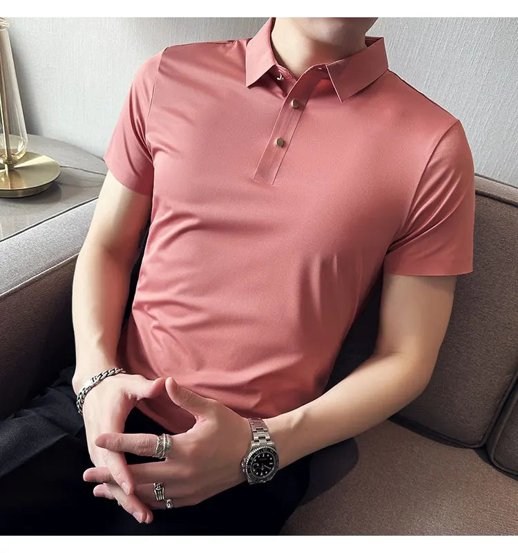 Ice Silk Traceless T-shirt Men's  Business Casual Solid Color Half Sleeve High Elasticity Top Silk Smooth Breathable POLO Shirt