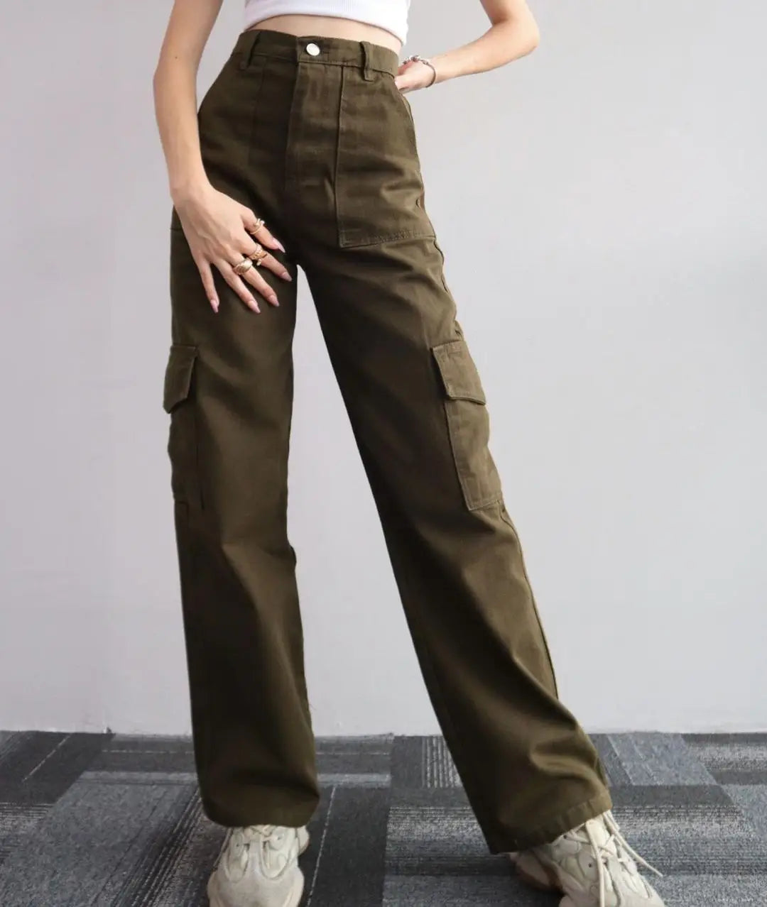 New Straight Cargo High Waist Baggy Trousers Casual Wide Leg Slim Vintage Streetwear Pocket Fashion Women Casual Pants - reetell