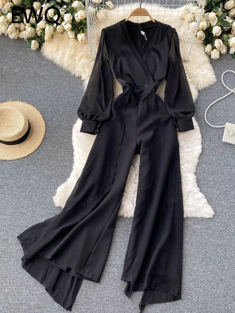 EWQ Elegant Style Chic Jumpsuit Women V-neck Long-sleeve Mesh Patchwork Solid Color Female Jumpsuits Autumn 2023 New 27SN3727