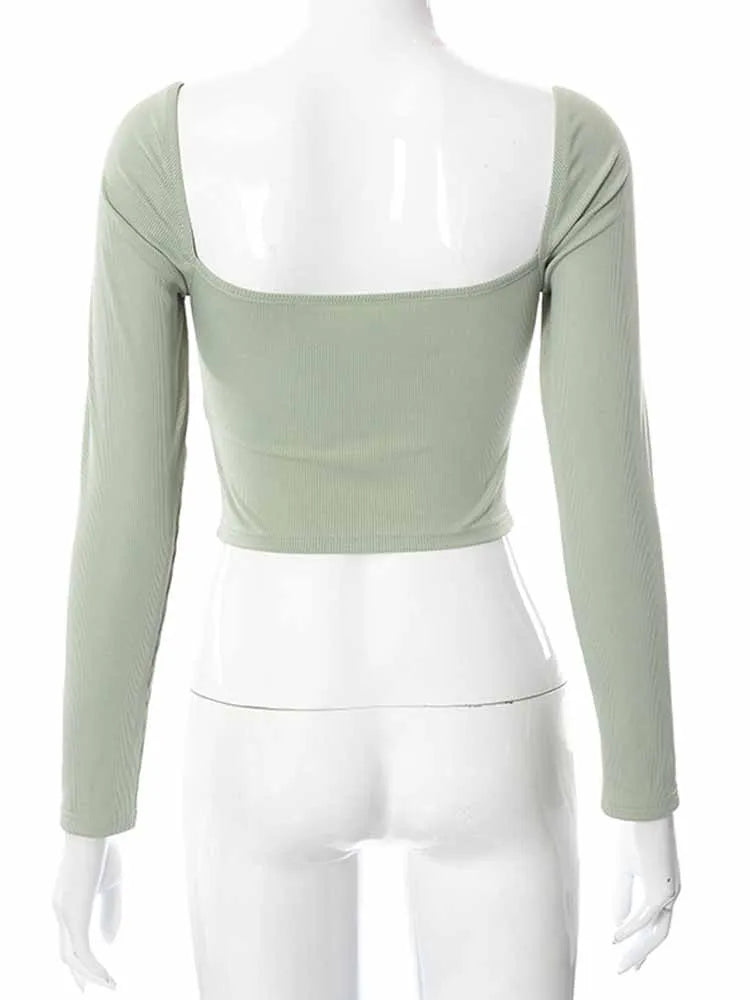 Hollow-Out V-neck Long Sleeve Crop Tops Spring Fall Casual Fashion Women Square Collar Slim Ribbed T-Shirts Backless Tee - reetell