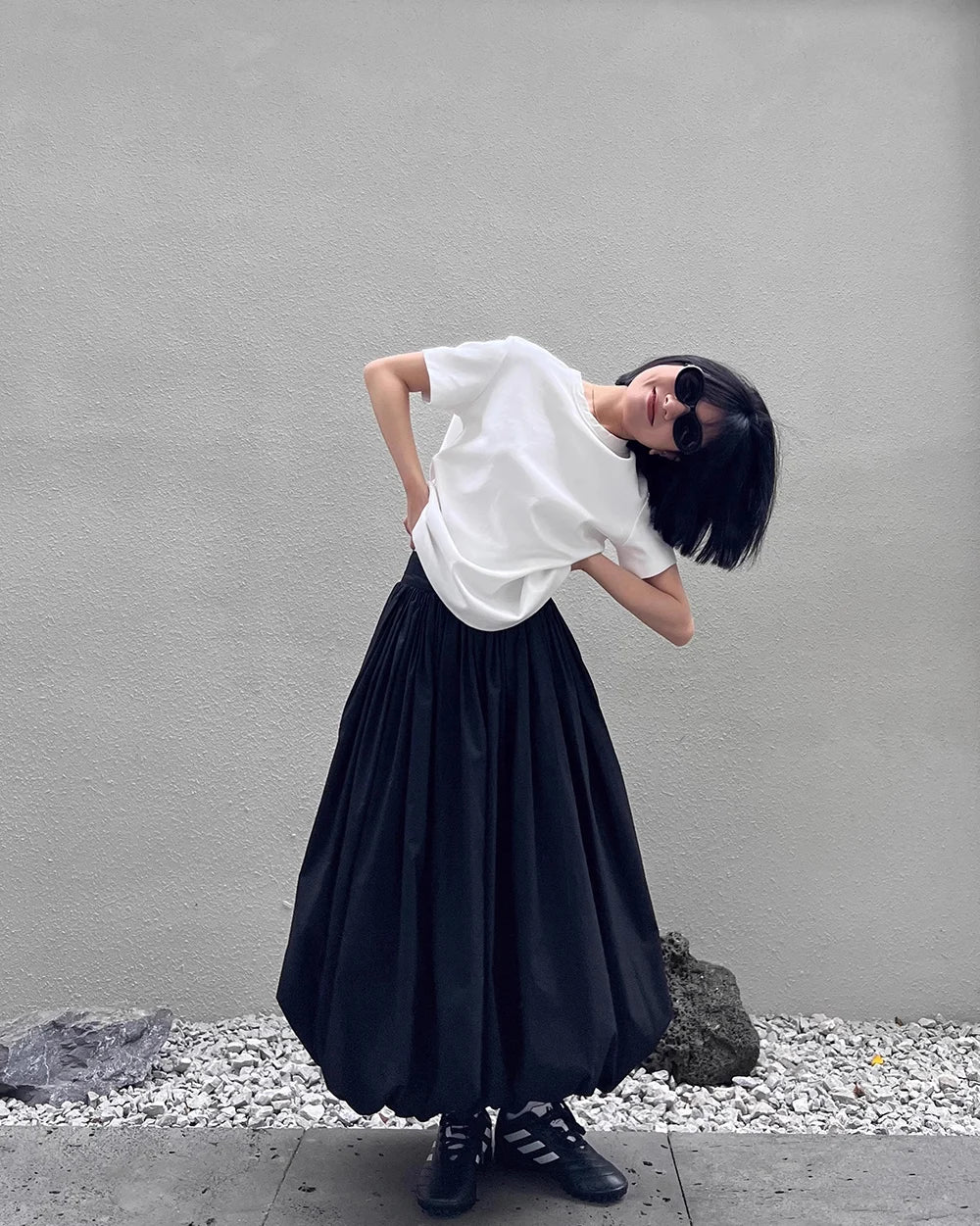 HOUZHOU Long Skirt Women Elegant Solid Elastic Waist A-line Vintage Korean Fashion Loose Balloon Maxi Skirt Casual Streetwear - reetell