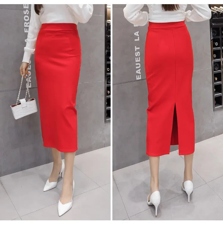 Stretch Pencil Skirts for Women, Office Lady, Formal Black Midi Skirts, Elegant Female Package Hip Skirts, Spring and Autumn - reetell