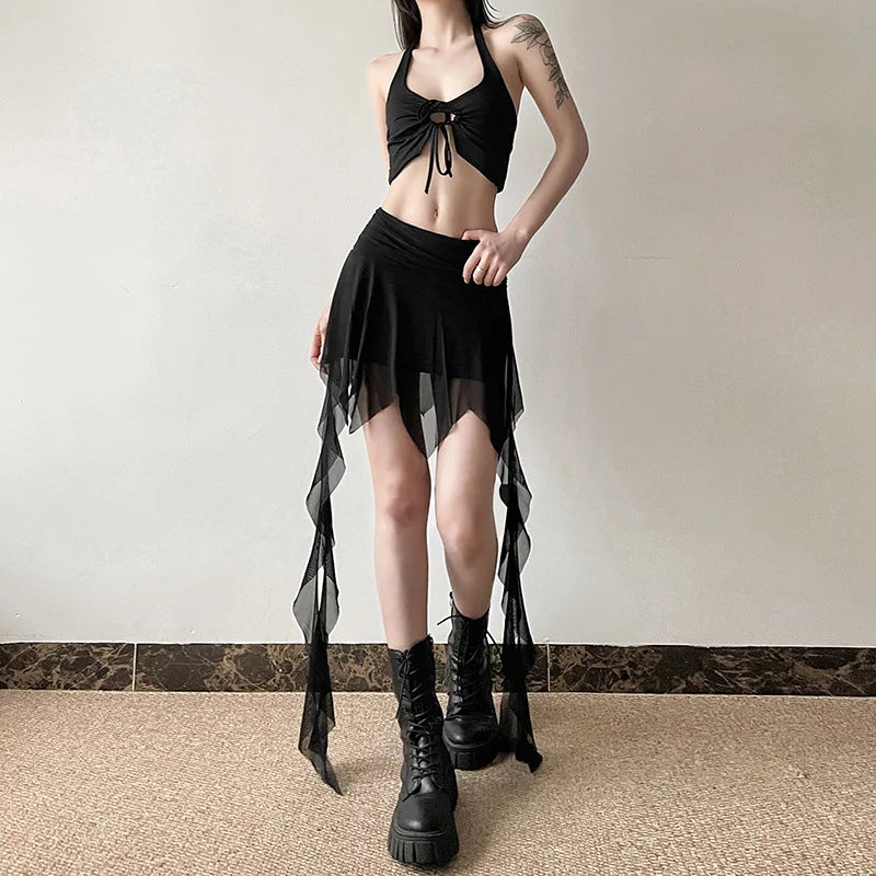 Goth Dark 2000S Aesthetic Irregular Hem Short Skirt Gothic Fashion High Waist Slim A-Line Skirts E-girl Streetwear Mesh Bottoms - reetell