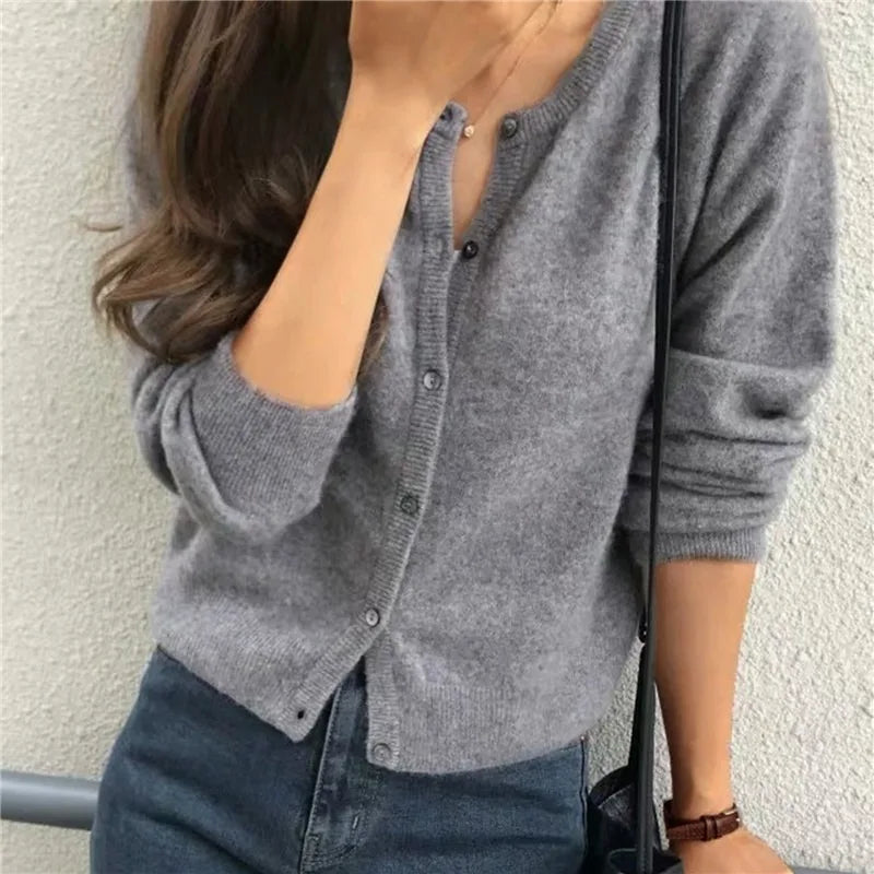 Solid Color Knitted Cardigan Women Korean Single Breasted Long Sleeve Jumper Woman Round Neck All Match Cardigans Outwear 2024 - reetell