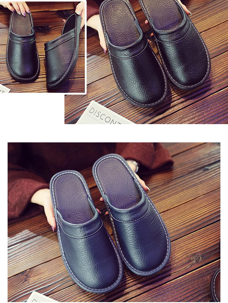 Autumn Winter Indoor Shoes 47 48 Men's Blue Bedroom Slippers Man Concise Slides Faux Fur Mules Leather Home Slipper Flip Fops