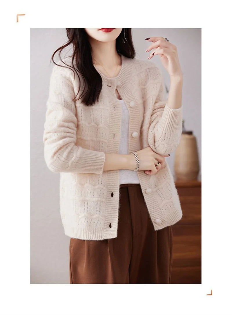 New Autumn And Winter Sweater Cardigan Jacket Women Fashion Sweet Wearing Solid Color Round Neck Sweater Top Bottoming Shirt - reetell