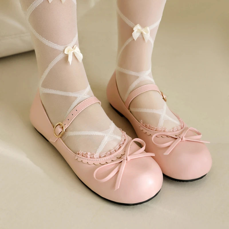 Spring Autumn Pink White Mary Janes Flat Shoes Woman Round Toe Buckle Strap Lolita Girls Student Ballet Flats Plus Size 43 44 45 - reetell