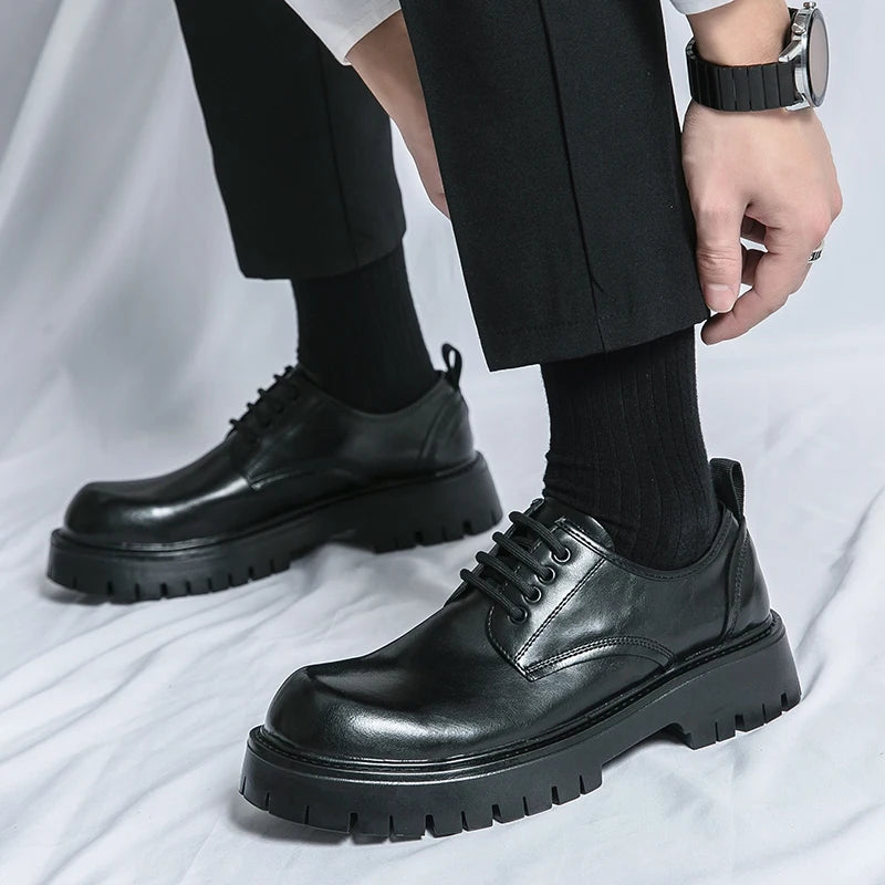 Men Casual Large Toe Original Black Platform Business Thick Bottom Dress Shoes Men Gentleman Outdoor Patent Leather Safety Shoes - reetell