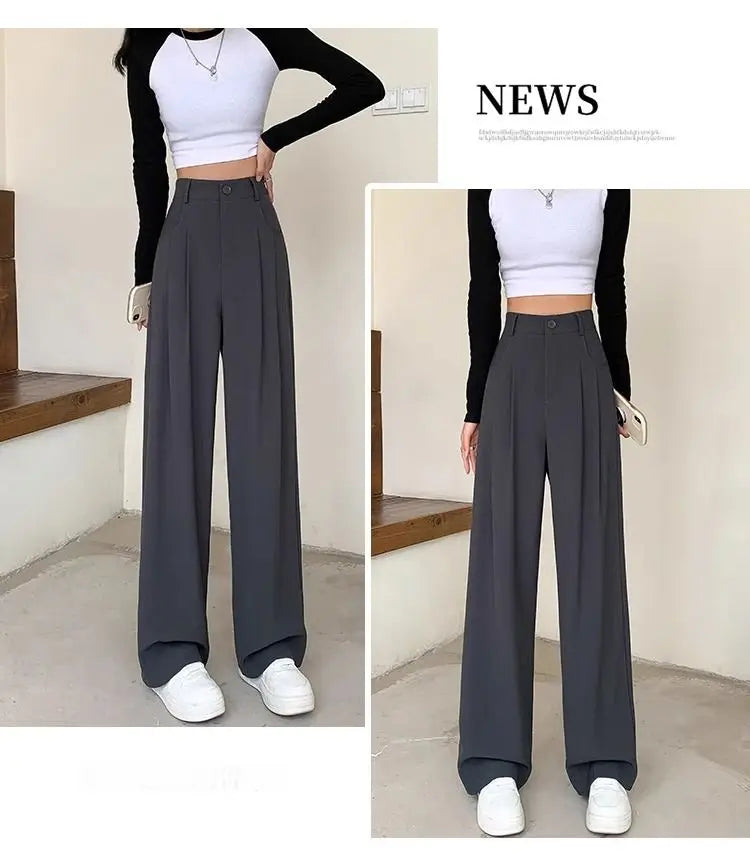 Fashion High Waist Wide Leg Pants Women Spring Fall Baggy Black Trouser Office Ladies Full Length Straight Suit Pant Outwear New - reetell