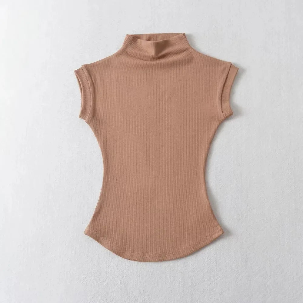 Women Summer Sexy Turtleneck Sleeveless T-Shirts Tops Solid Slim Fit Pullovers Causal Tees Shirts Female Streetwear Basics Tees - reetell