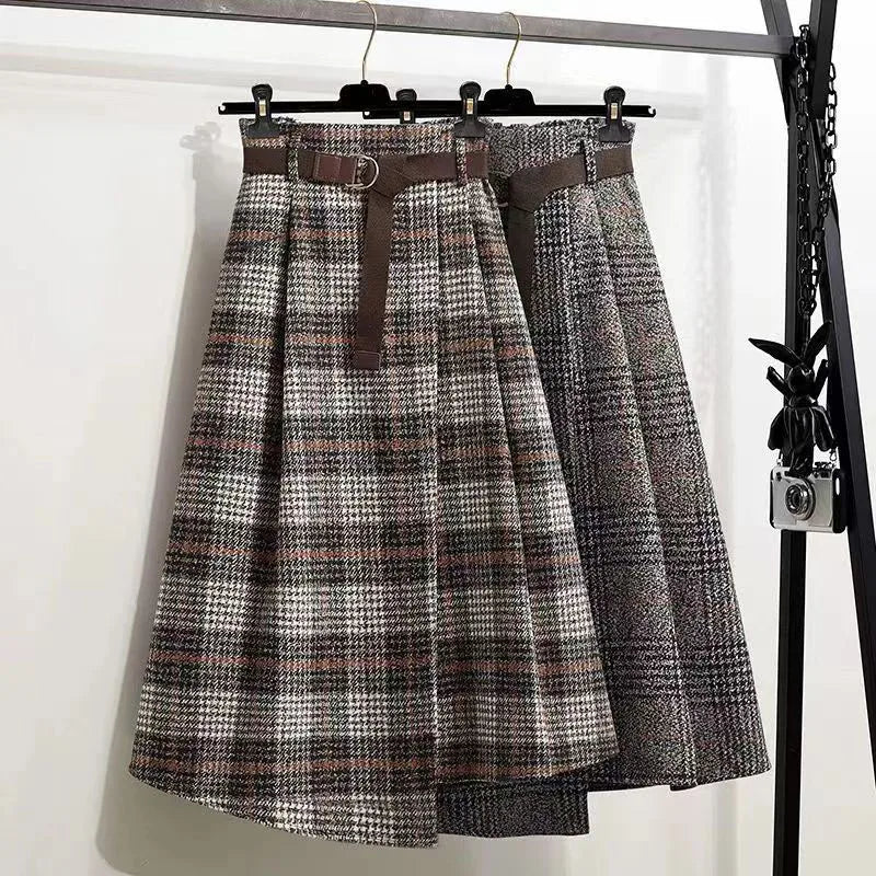 Rimocy Autumn Winter Women's Plaid Woolen Skirts with Belt Fashion Irregular Hem High Waist Skirt Woman 2024 A Line Long Skirts - reetell