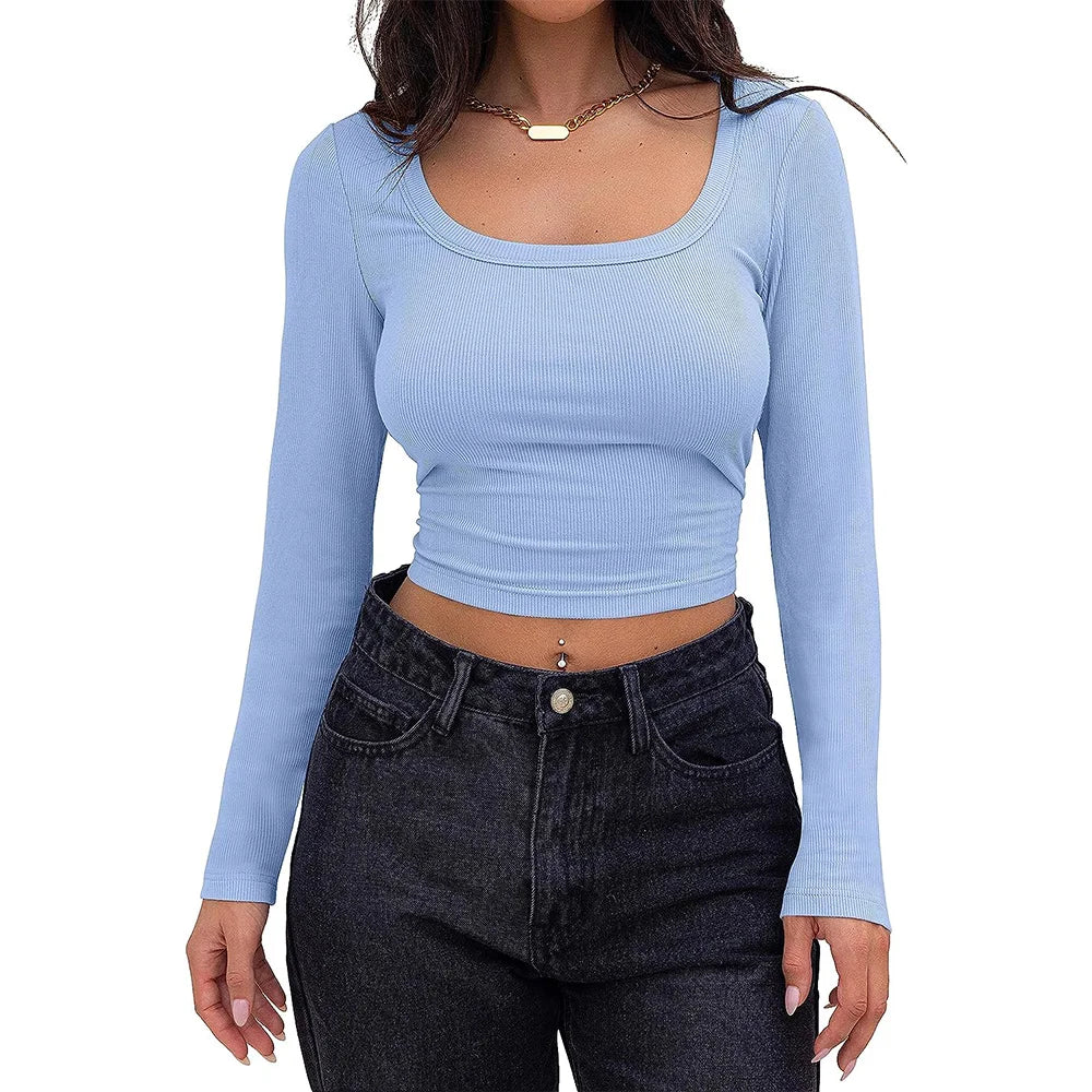 Women's Long Sleeve Square Neck Crop Top Ribbed Slim Fitted Y2K Casual T-Shirt Tops - reetell